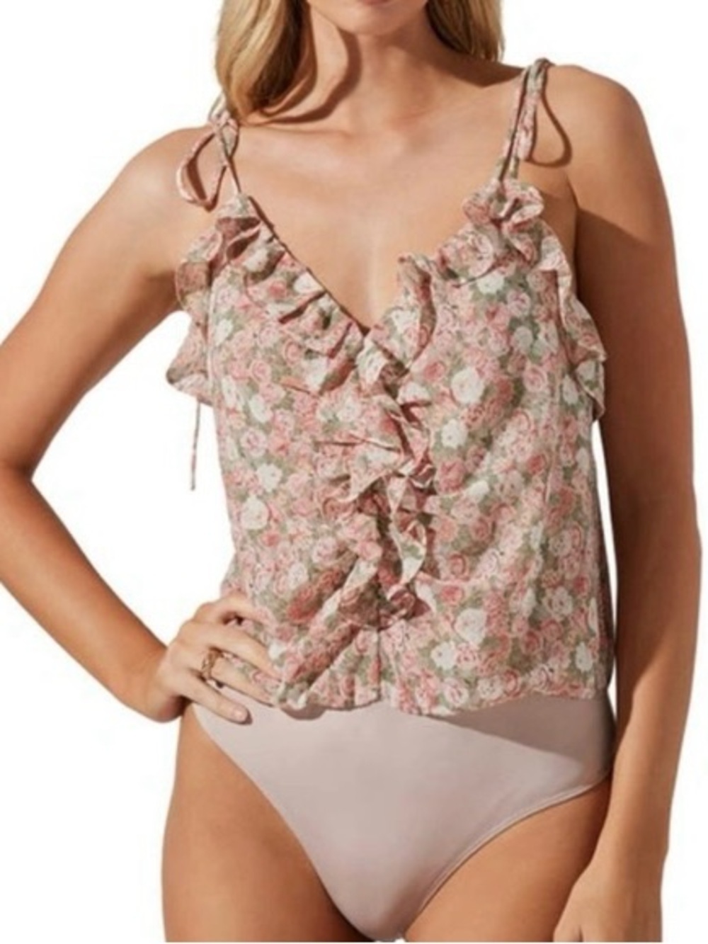 ASTR the Label| Blush Pink Ruffle Multi-Floral Tie-Shoulder Thong Bodysuit Sz M